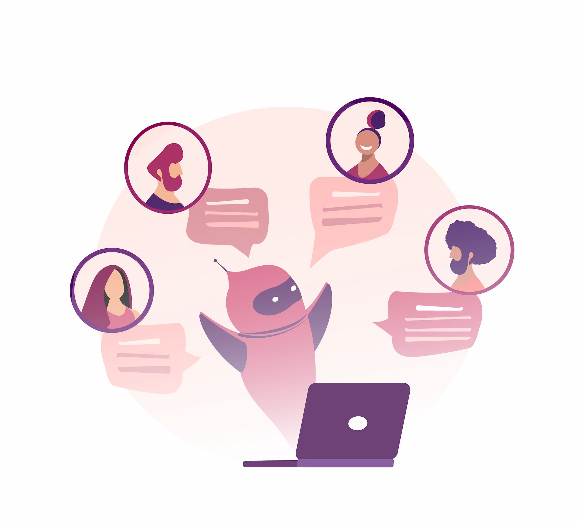 ILLUSTRATION DUN ROBOT ASSISTANT INTERAGISSANT AVEC PLUSIEURS UTILISATEURS A TRAVERS DES BULLES DE DISCUSSION AUTOUR DUN ORDINATEUR PORTABLE | Cekome Illustration d’un robot assistant interagissant avec plusieurs utilisateurs à travers des bulles de discussion autour d’un ordinateur portable