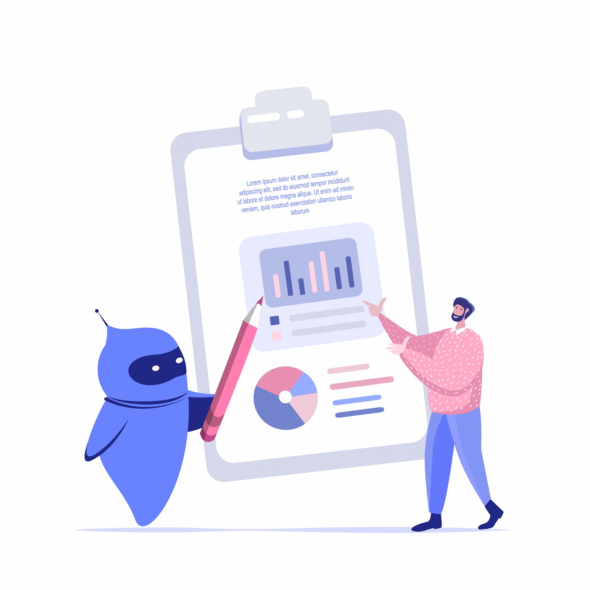ILLUSTRATION DUN ROBOT TENANT UN CRAYON ET PRESENTANT DES GRAPHIQUES SUR UNE GRANDE TABLETTE AVEC UN HOMME | Cekome Illustration d’un robot tenant un crayon et présentant des graphiques sur une grande tablette avec un homme