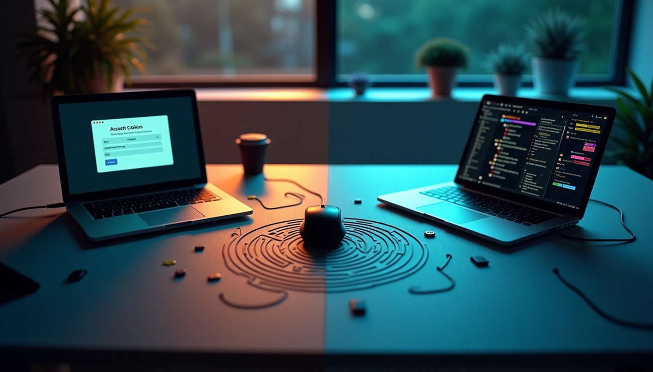 Bureau avec deux ordinateurs portables oppos&eacute;s illustrant la gestion des cookies et le d&eacute;veloppement web, m&eacute;taphore des enjeux de confidentialit&eacute; num&eacute;rique.