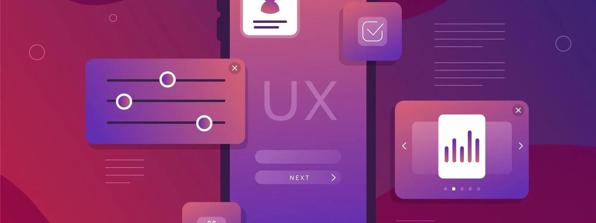 Illustration UX montrant une interface mobile avec &eacute;l&eacute;ments interactifs, r&eacute;glages et graphiques, symbolisant la conception d&rsquo;exp&eacute;rience utilisateur pour application mobile.