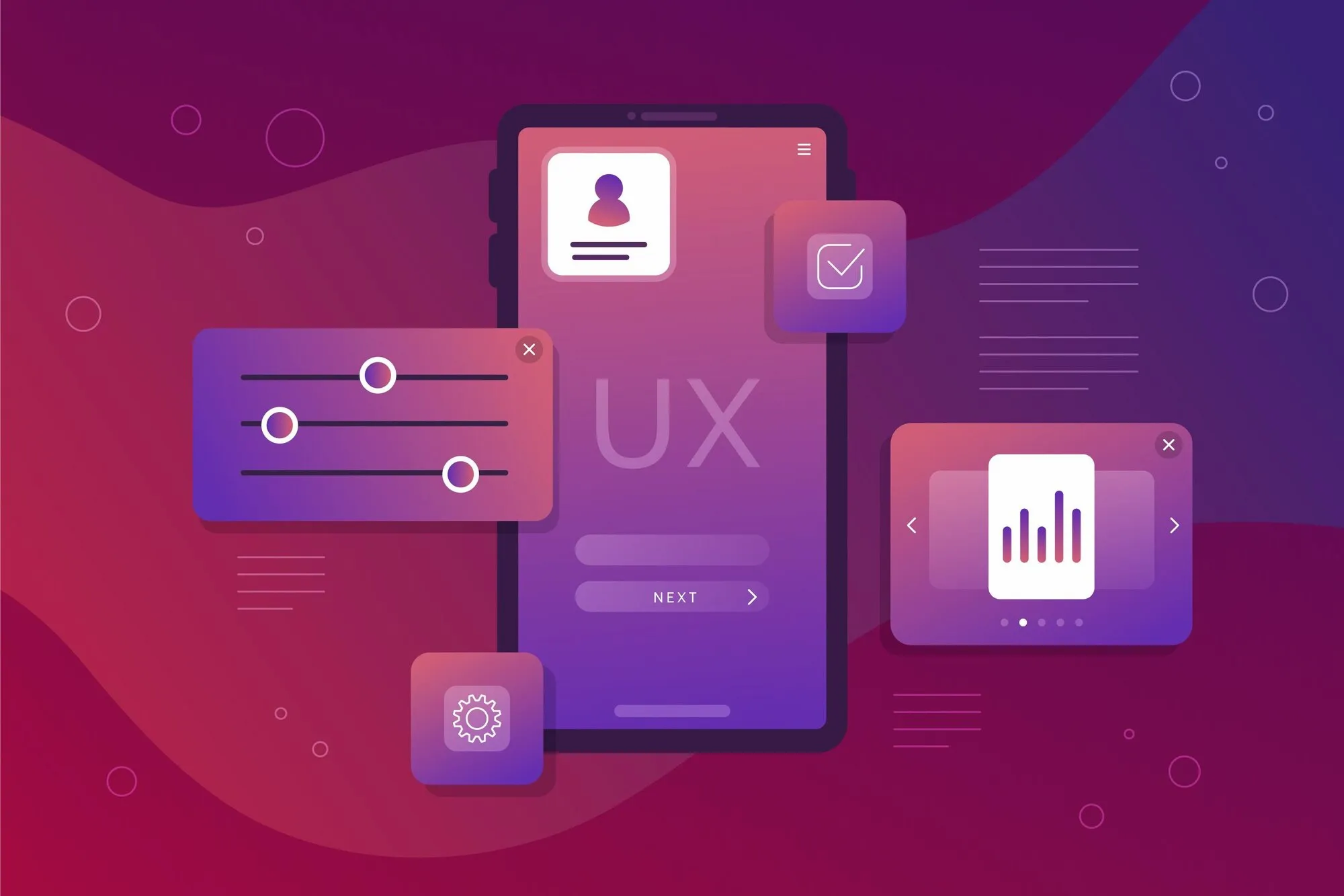 Illustration UX montrant une interface mobile avec &eacute;l&eacute;ments interactifs, r&eacute;glages et graphiques, symbolisant la conception d&rsquo;exp&eacute;rience utilisateur pour application mobile.
