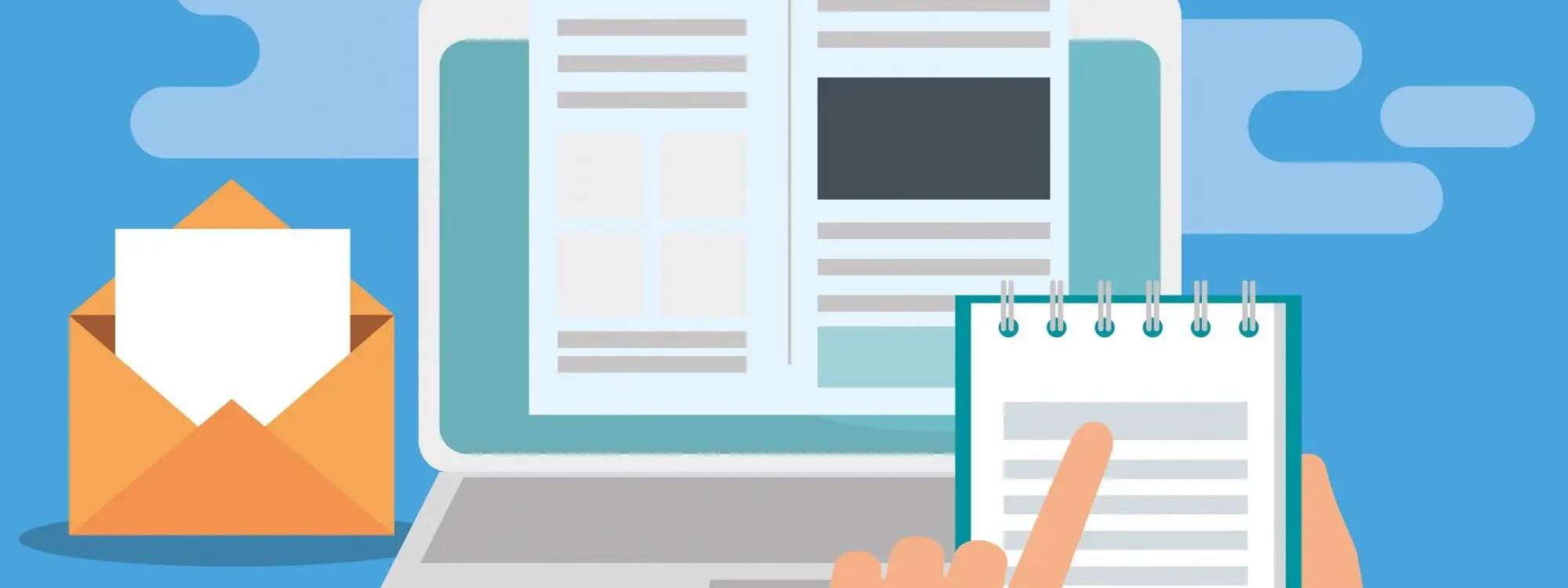 Illustration de cr&eacute;ation de contenu web montrant un ordinateur portable avec page d&rsquo;article, ic&ocirc;nes de message et e-mail, et prise de notes pour une strat&eacute;gie de communication digitale.