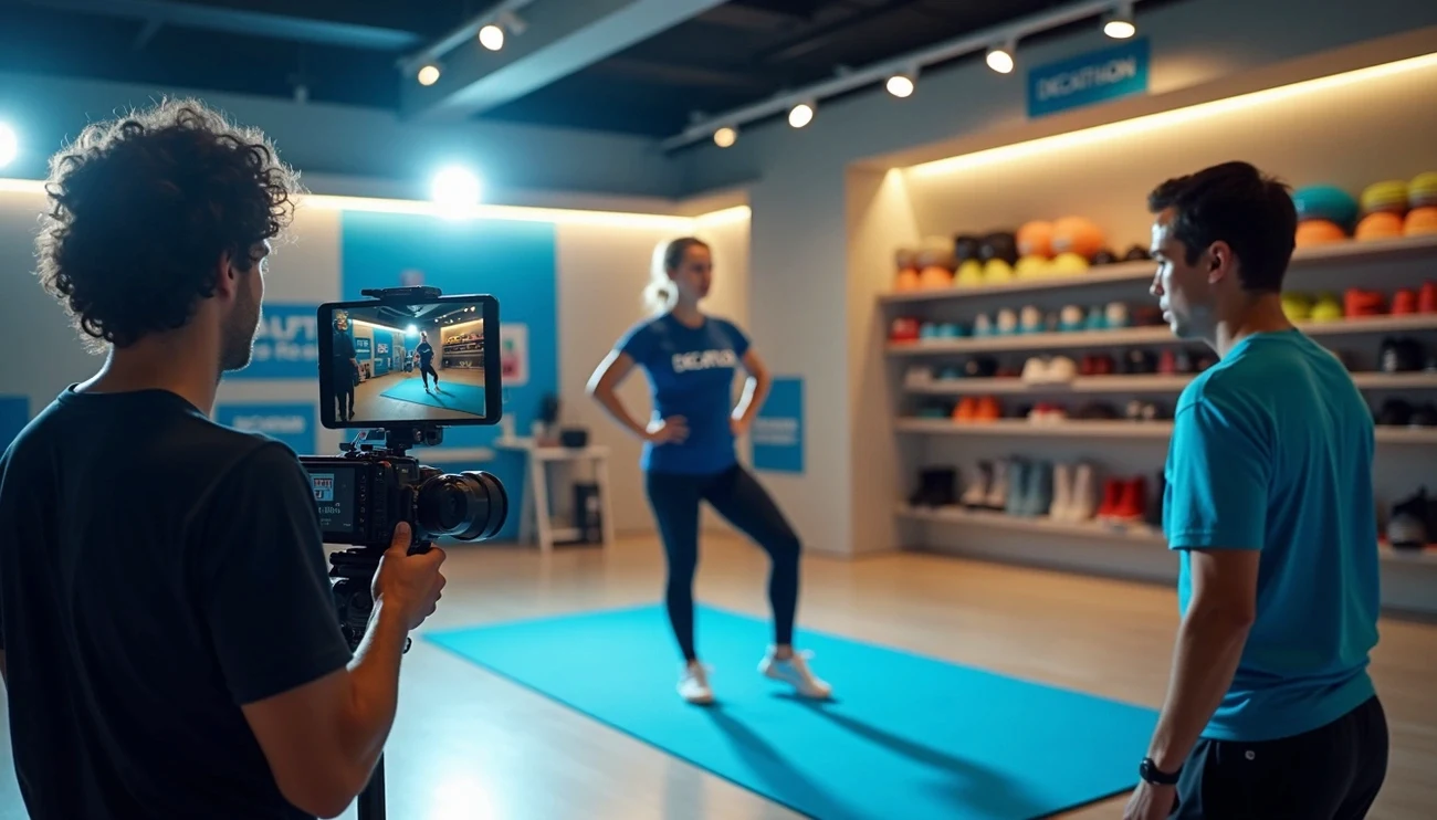 VIDEO_DECATHLON | Cekome Tournage d’une vidéo de démonstration sportive dans un magasin Decathlon avec une femme sur un tapis de fitness et une équipe de tournage