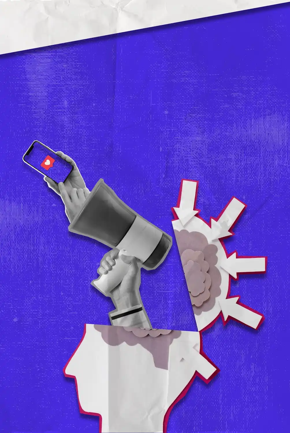 T&ecirc;te stylis&eacute;e ouverte avec un m&eacute;gaphone diffusant un smartphone, symbolisant l&rsquo;influence des r&eacute;seaux sociaux sur l&rsquo;esprit