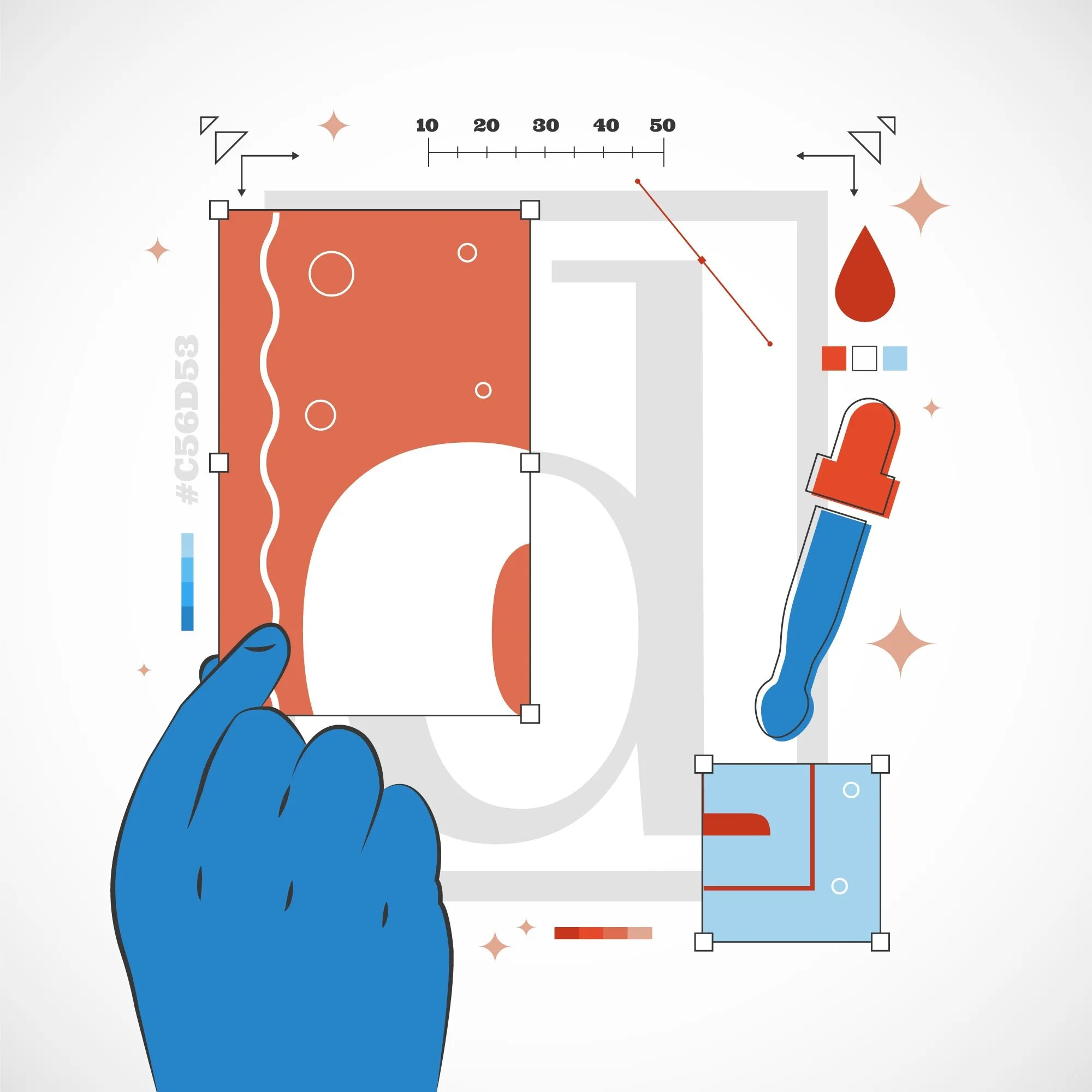 Main bleue interagissant avec une interface de design graphique affichant des outils de s&eacute;lection de couleur et de mise en page