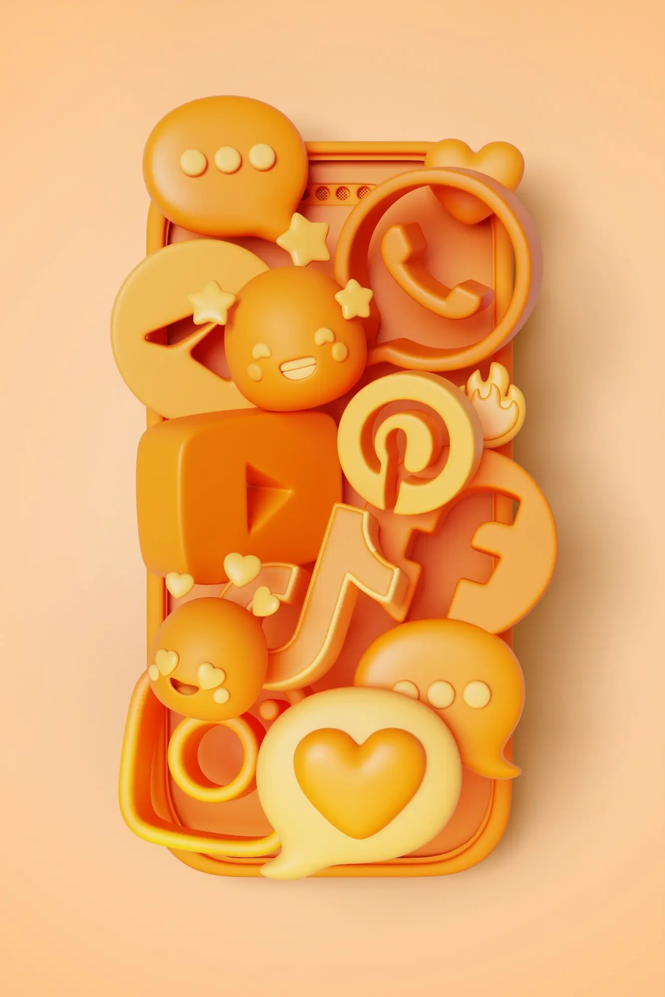 Ic&ocirc;nes 3D de r&eacute;seaux sociaux et &eacute;mojis regroup&eacute;s sur un smartphone orange