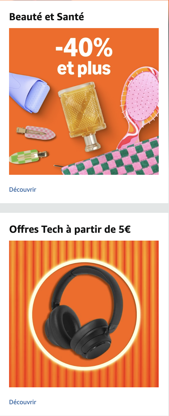 Produits de beaut&eacute; et sant&eacute; en promotion jusqu&rsquo;&agrave; -40 %, suivis d&rsquo;offres tech d&egrave;s 5&euro; avec visuel d&rsquo;un casque audio noir sur fond orange, sur Amazon