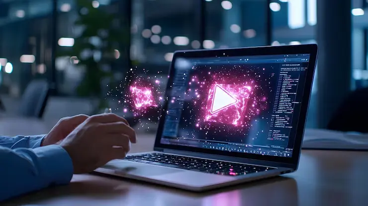 Main utilisant un ordinateur portable affichant une ic&ocirc;ne de lecture rose en animation holographique