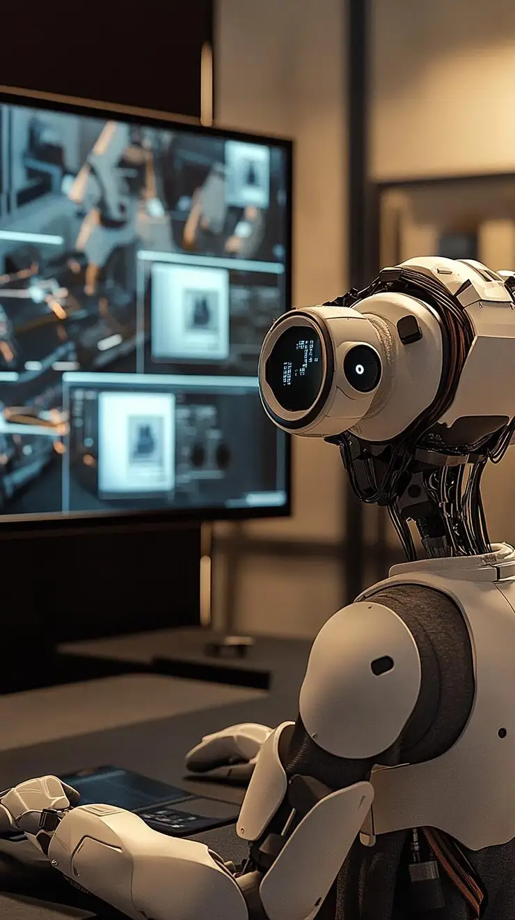 Robot humano&iuml;de analysant des donn&eacute;es sur un &eacute;cran dans un environnement high-tech