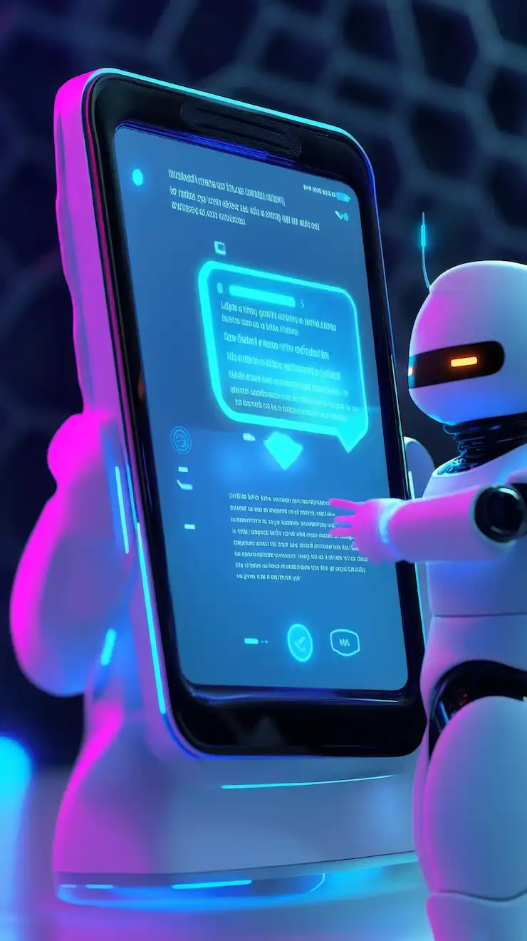 Robot futuriste interagissant avec un &eacute;cran de smartphone g&eacute;ant en mode conversationnel