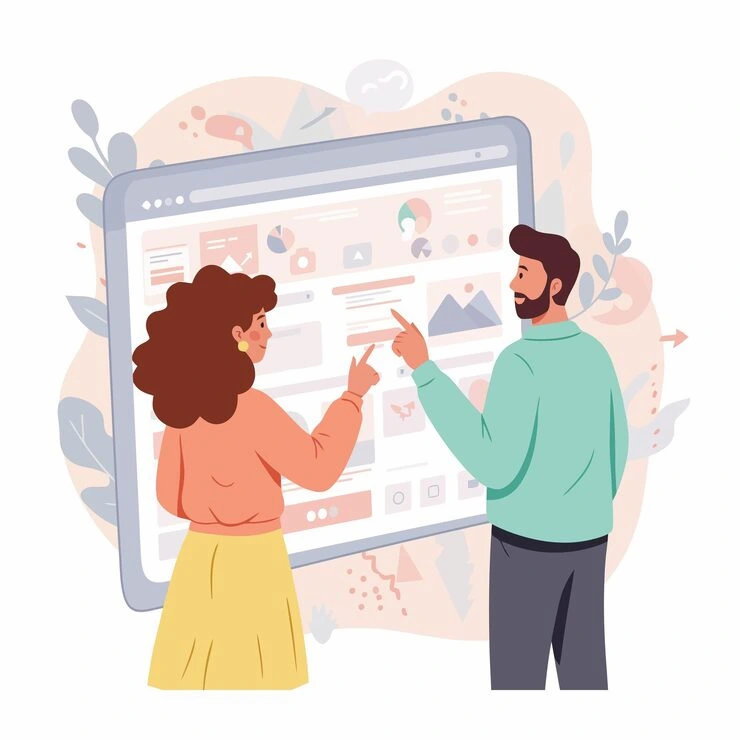 TEAM REVIEWING WEBSITE ANALYTICS DATA DIGITAL SCREEN TOGETHER_932695 5966 | Cekome Deux personnes discutent devant un grand écran affichant une interface web