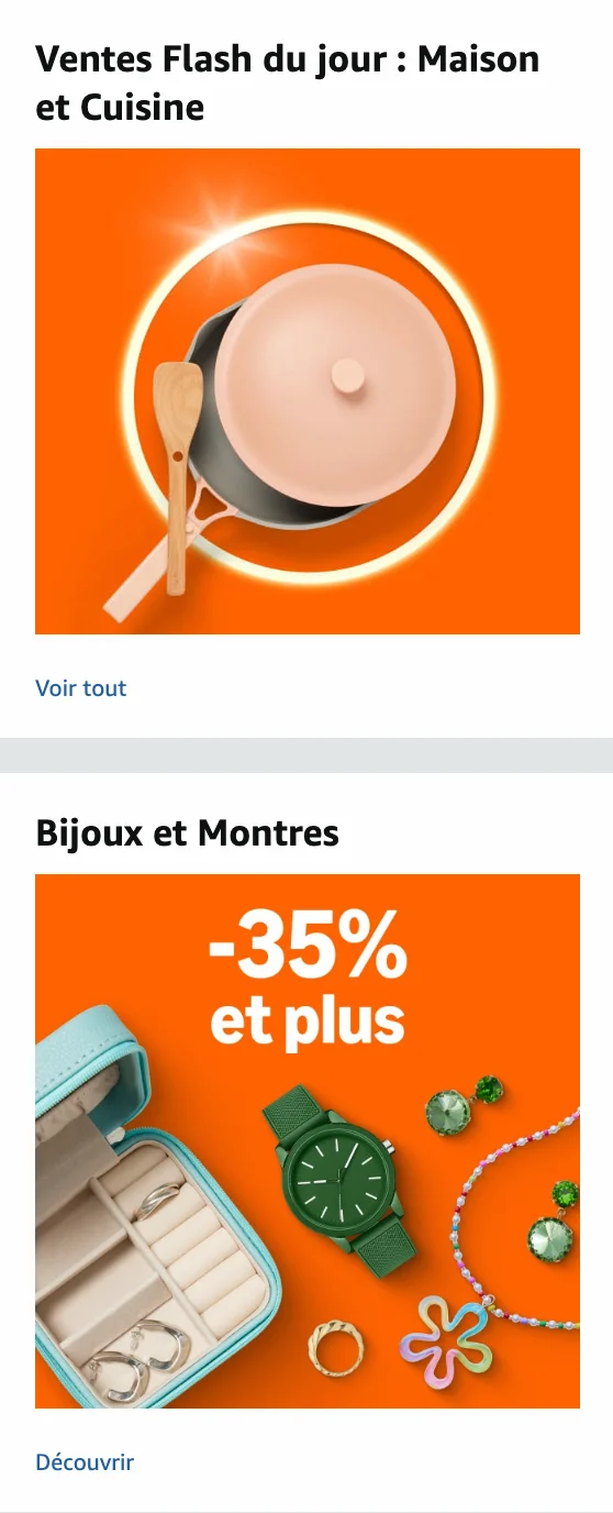 Articles de cuisine et accessoires de maison en promotion, suivis de bijoux et montres avec r&eacute;ductions jusqu&rsquo;&agrave; -35 %, sur fond orange publicitaire