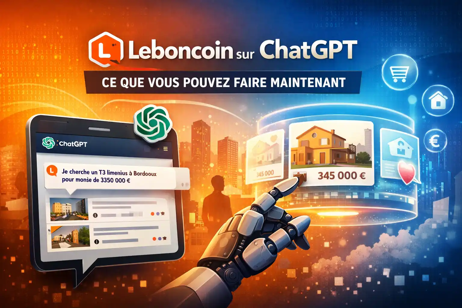 LEBONCOIN SUR CHATGPT | Cekome llustration Leboncoin sur ChatGPT avec recherche et interface mobile d’annonces en ligne