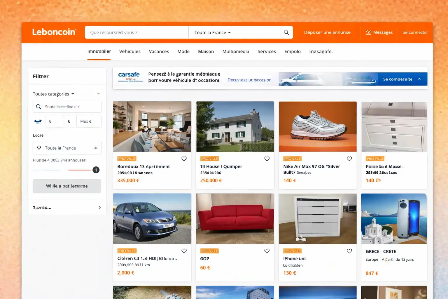 PLATEFORME LEBONCOIN AVEC BARRE DE RECHERCHE FILTRES A GAUCHE ET ANNONCES IMMOBILIERES VEHICULES ET PRODUITS DOCCASION | Cekome site Leboncoin avec interface de recherche, filtres par catégorie et annonces immobilières, voitures, meubles et high-tech