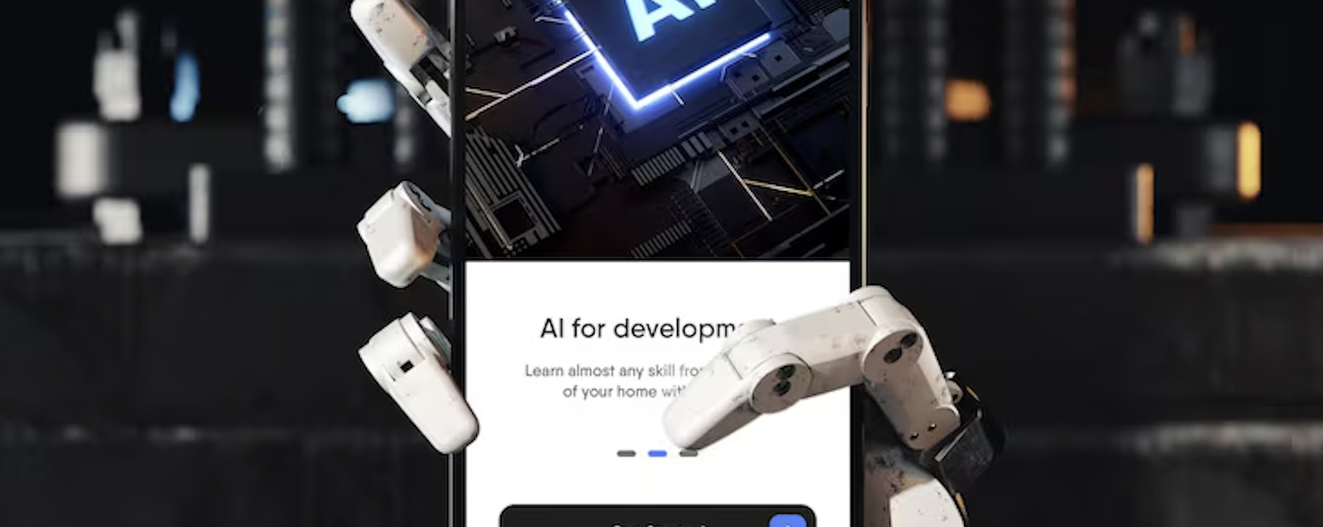 CAPTURE DECRAN 2026 03 11 A 10.06.38 1880X750 | Cekome Main robotique tenant un smartphone affichant une application d’intelligence artificielle avec puce AI sur écran, concept d’IA mobile et développement technologique