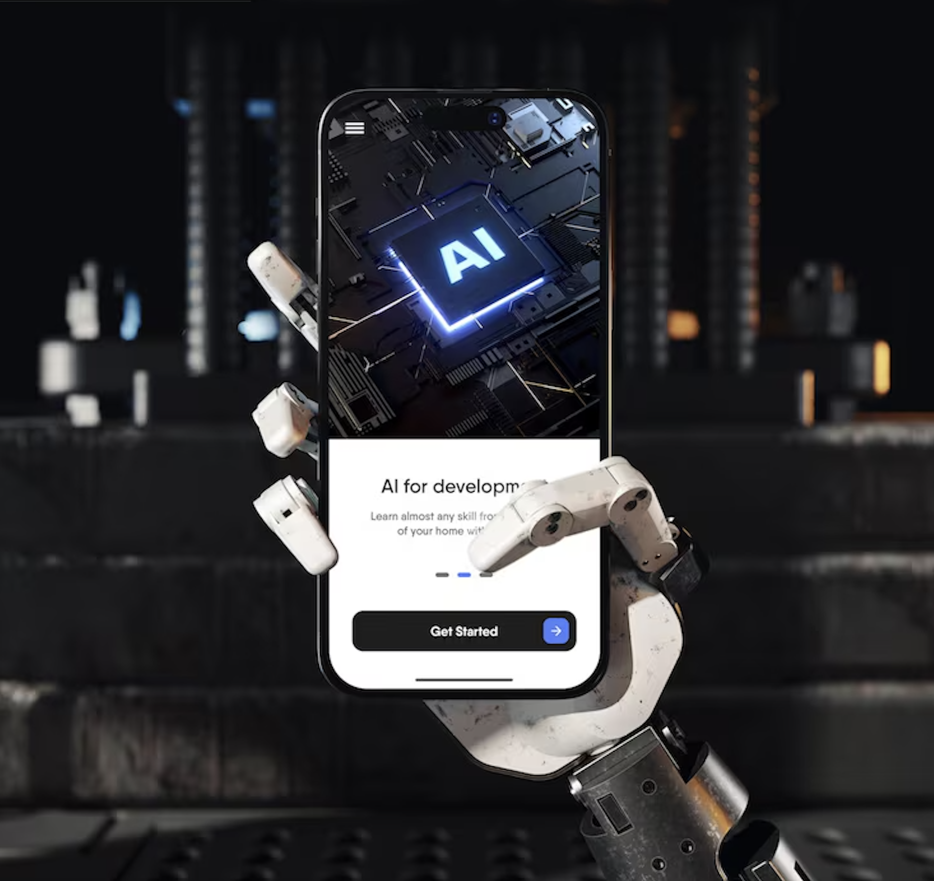 CAPTURE DECRAN 2026 03 11 A 10.06.38 | Cekome Main robotique tenant un smartphone affichant une application d’intelligence artificielle avec puce AI sur écran, concept d’IA mobile et développement technologique