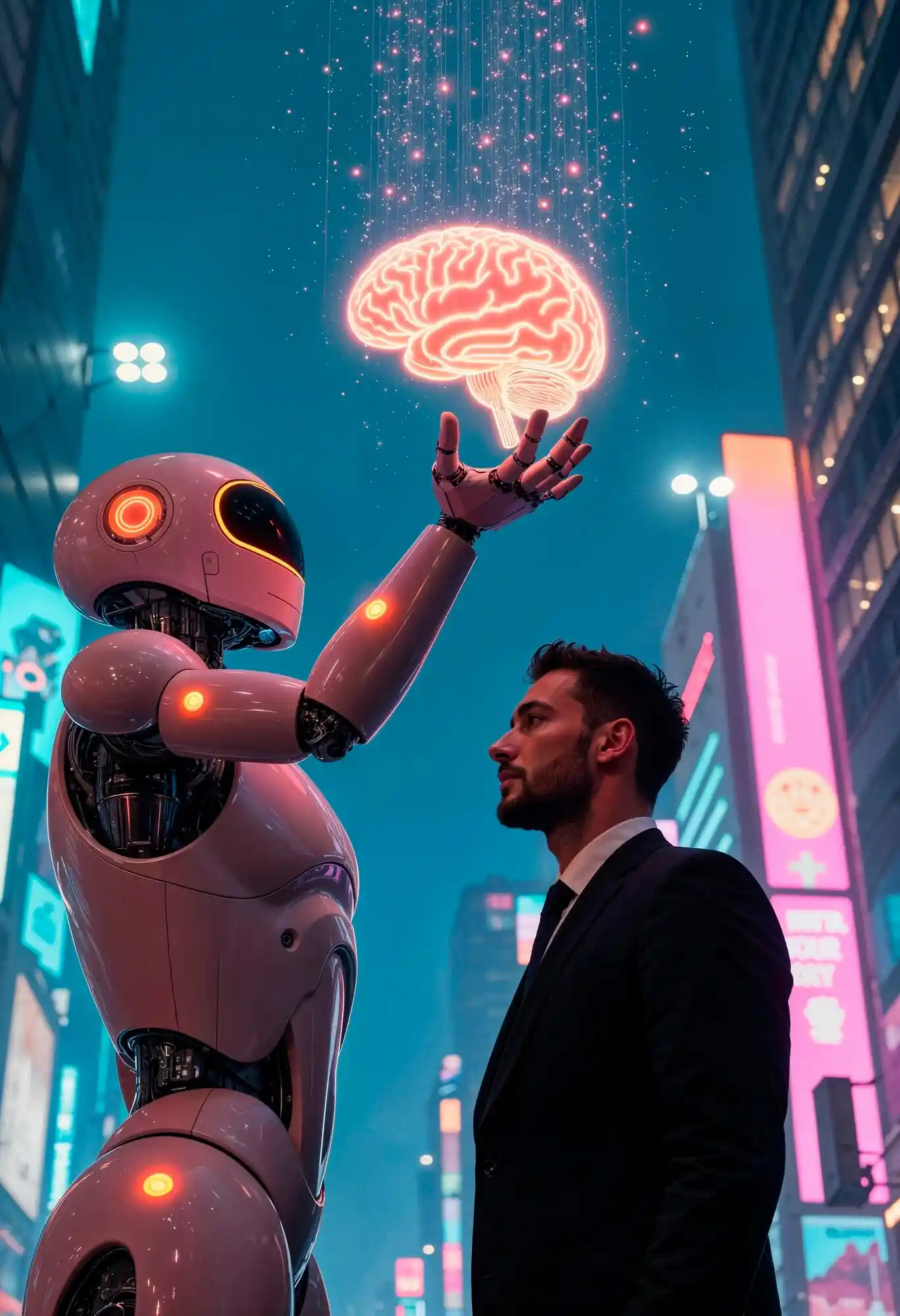 COMBINER CREATION HUMAINE ET IA GENERATIVE | Cekome Robot humanoïde présentant un cerveau numérique lumineux face à un homme en ville futuriste, symbolisant l’intelligence artificielle