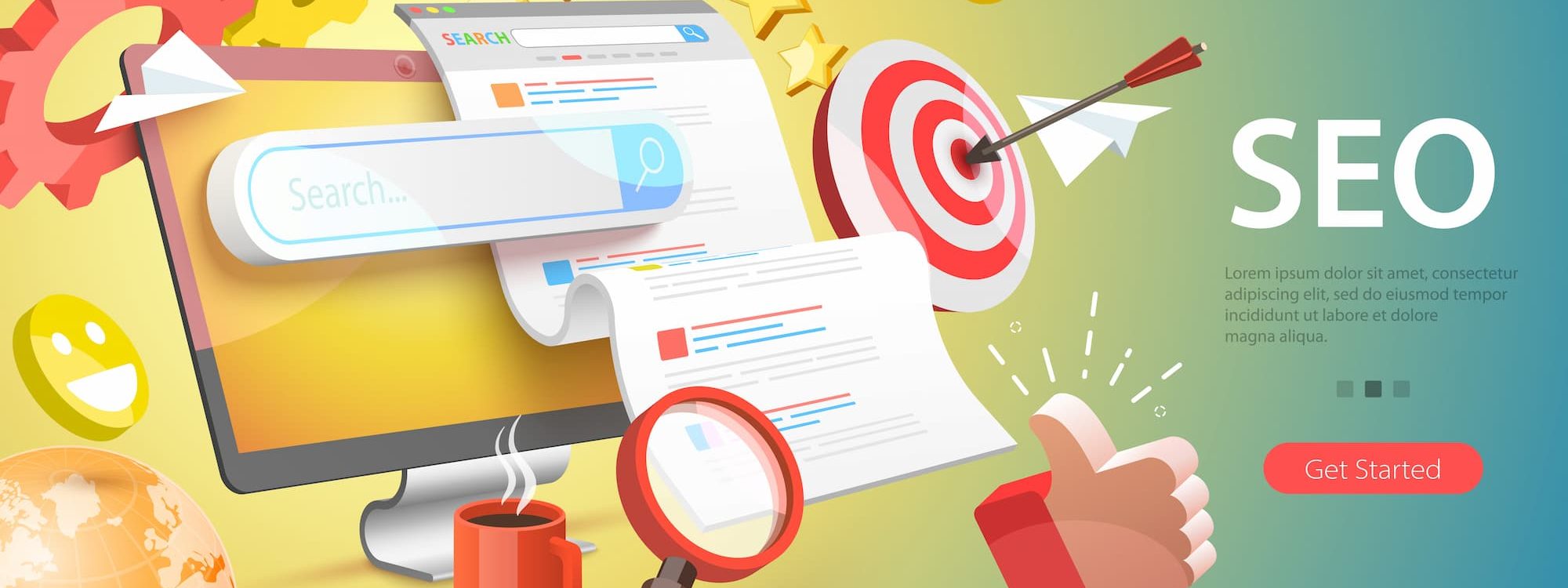 Illustration color&eacute;e repr&eacute;sentant le SEO avec &eacute;cran, r&eacute;sultats de recherche, cible, loupe et ic&ocirc;nes de performance digitale