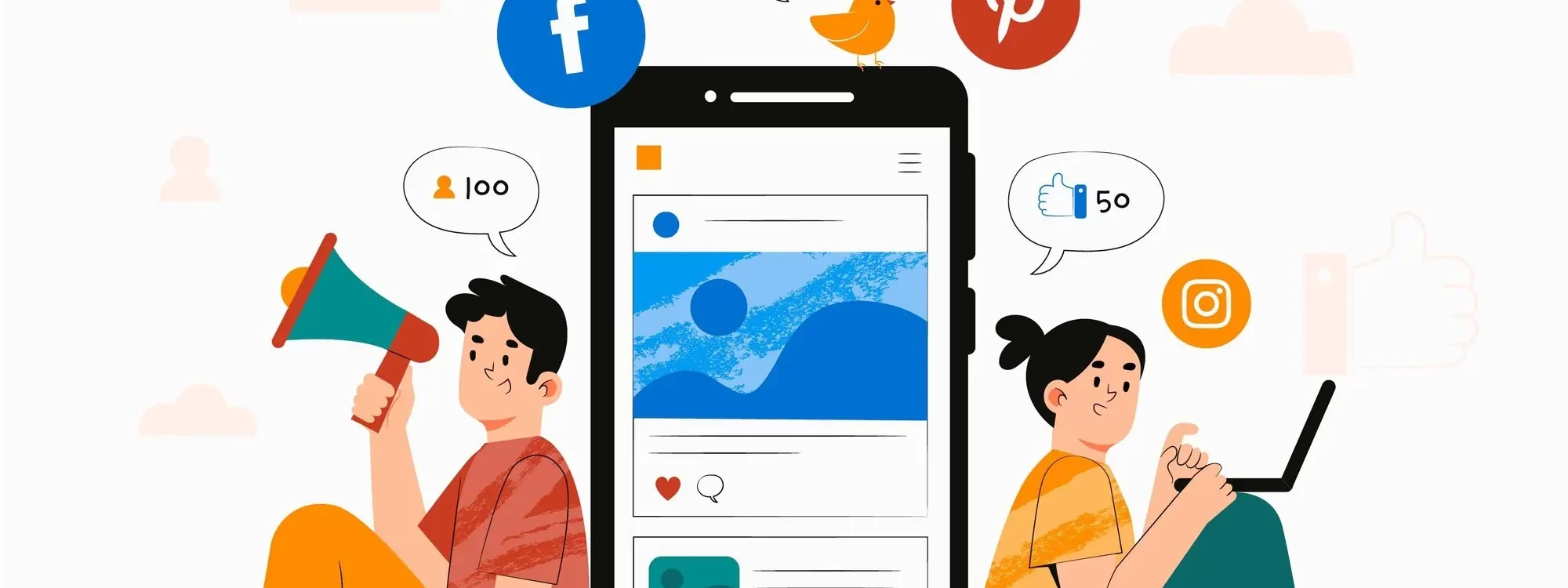 Illustration r&eacute;seaux sociaux sur smartphone avec interactions, likes et partage de contenu digital