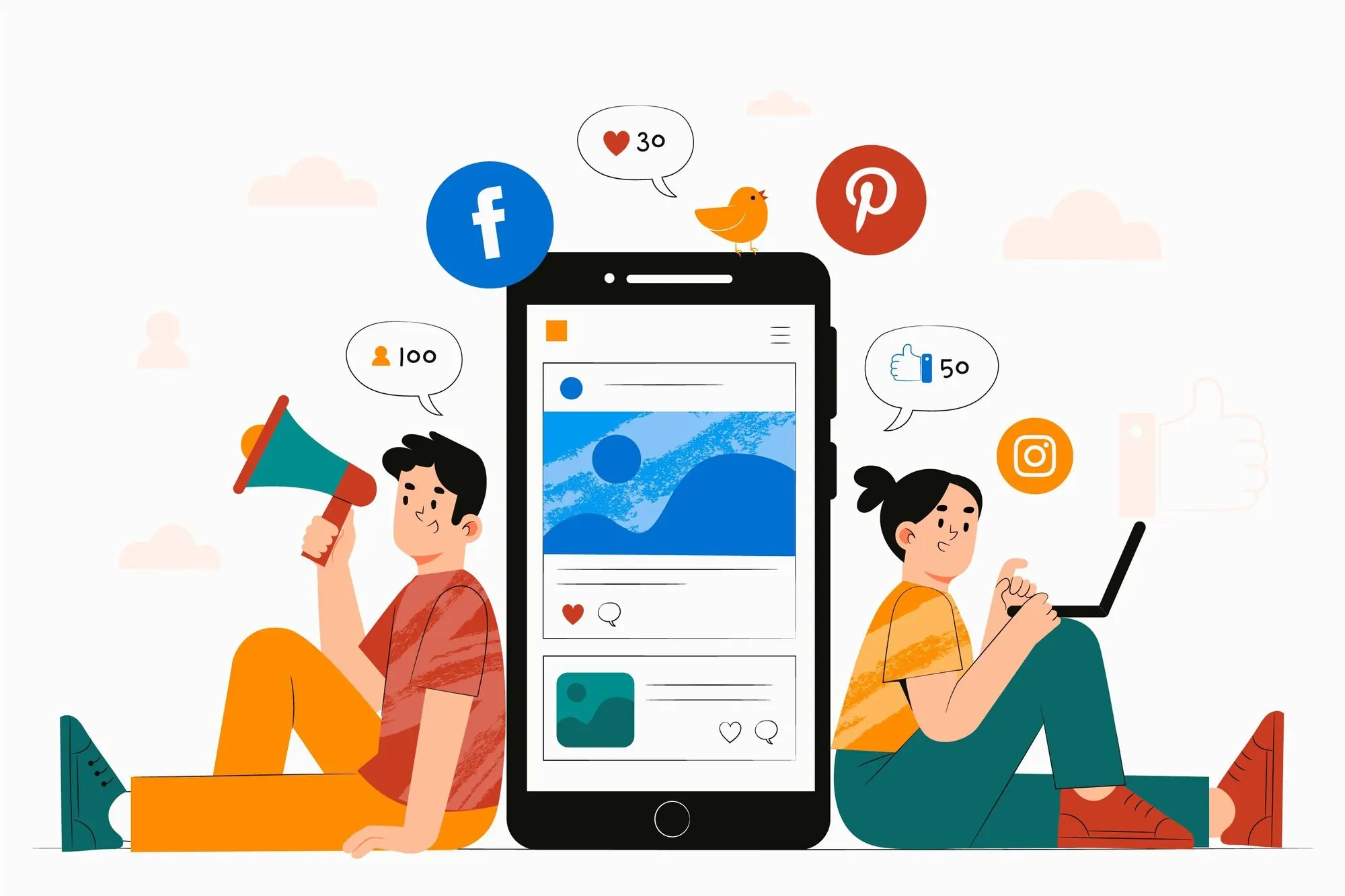 Illustration r&eacute;seaux sociaux sur smartphone avec interactions, likes et partage de contenu digital