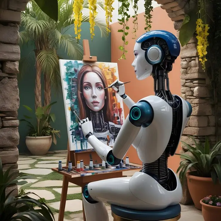 DESIGN_GENERATIF | Cekome Robot humanoïde peignant un portrait sur toile dans un jardin, illustration de l’intelligence artificielle créative
