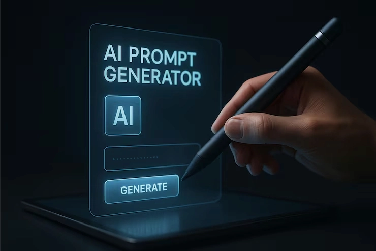 PROMPT IA | Cekome Interface futuriste de génération de prompts IA sur écran avec stylet, création de contenu automatisée