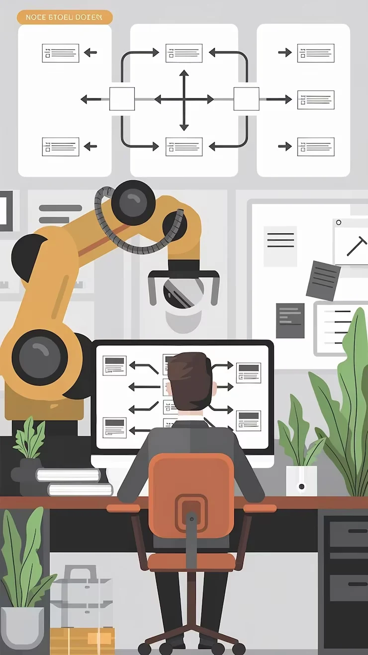 WORKFLOWS IA | Cekome Illustration d’automatisation des processus avec bras robotisé et gestion de flux de travail sur ordinateur