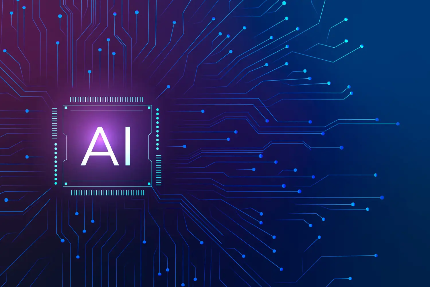Illustration intelligence artificielle avec puce AI et circuits &eacute;lectroniques symbolisant le traitement de donn&eacute;es