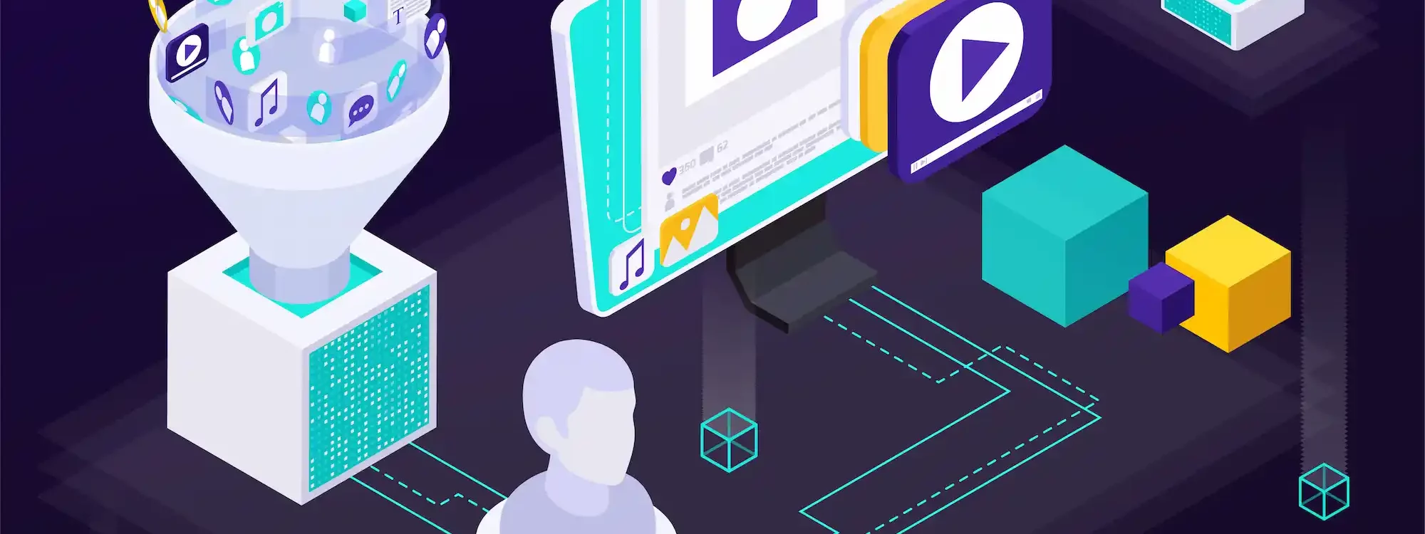 Illustration marketing digital et intelligence artificielle avec traitement de donn&eacute;es, contenu multim&eacute;dia, cloud et analyse utilisateur