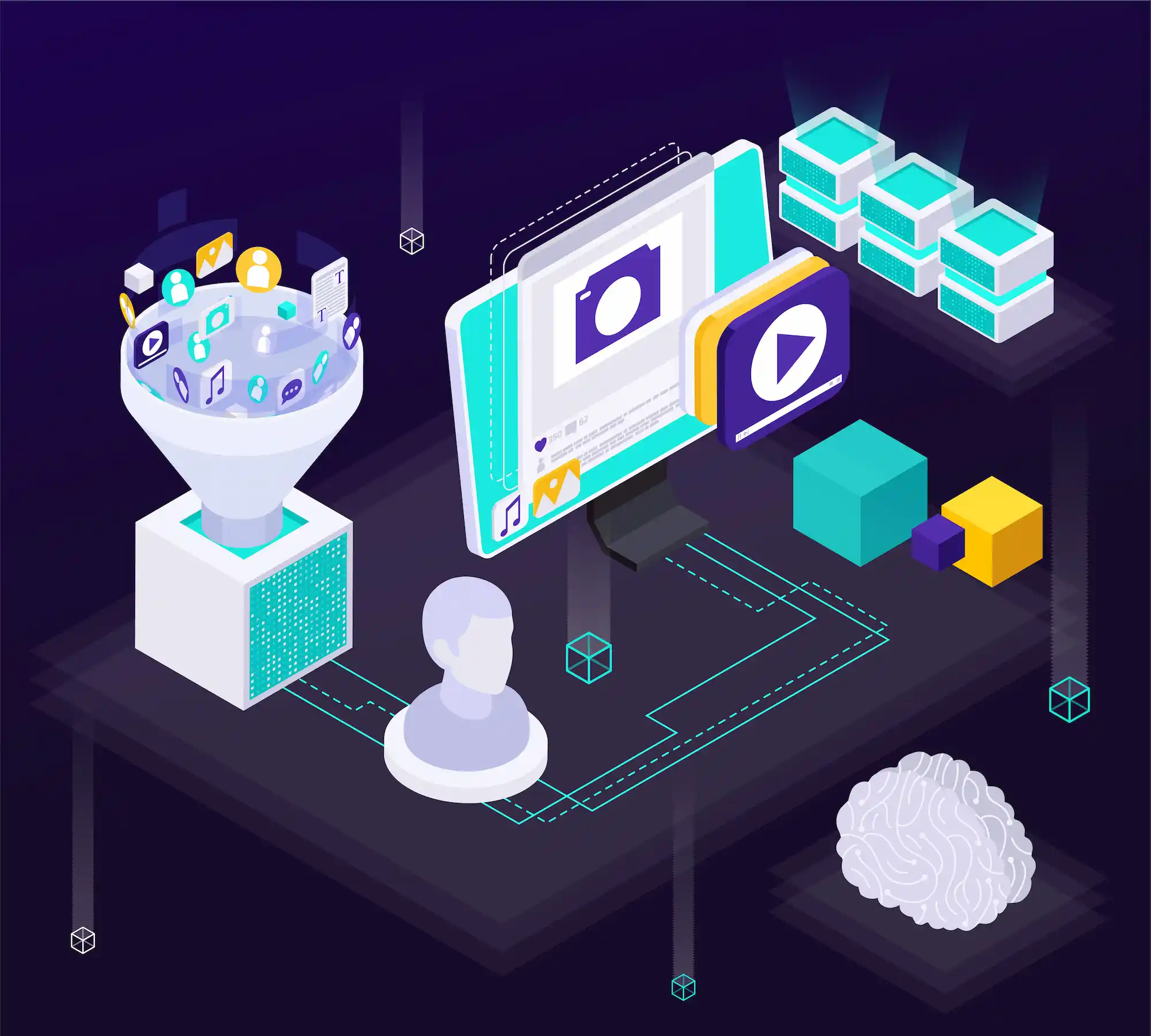 Illustration marketing digital et intelligence artificielle avec traitement de donn&eacute;es, contenu multim&eacute;dia, cloud et analyse utilisateur