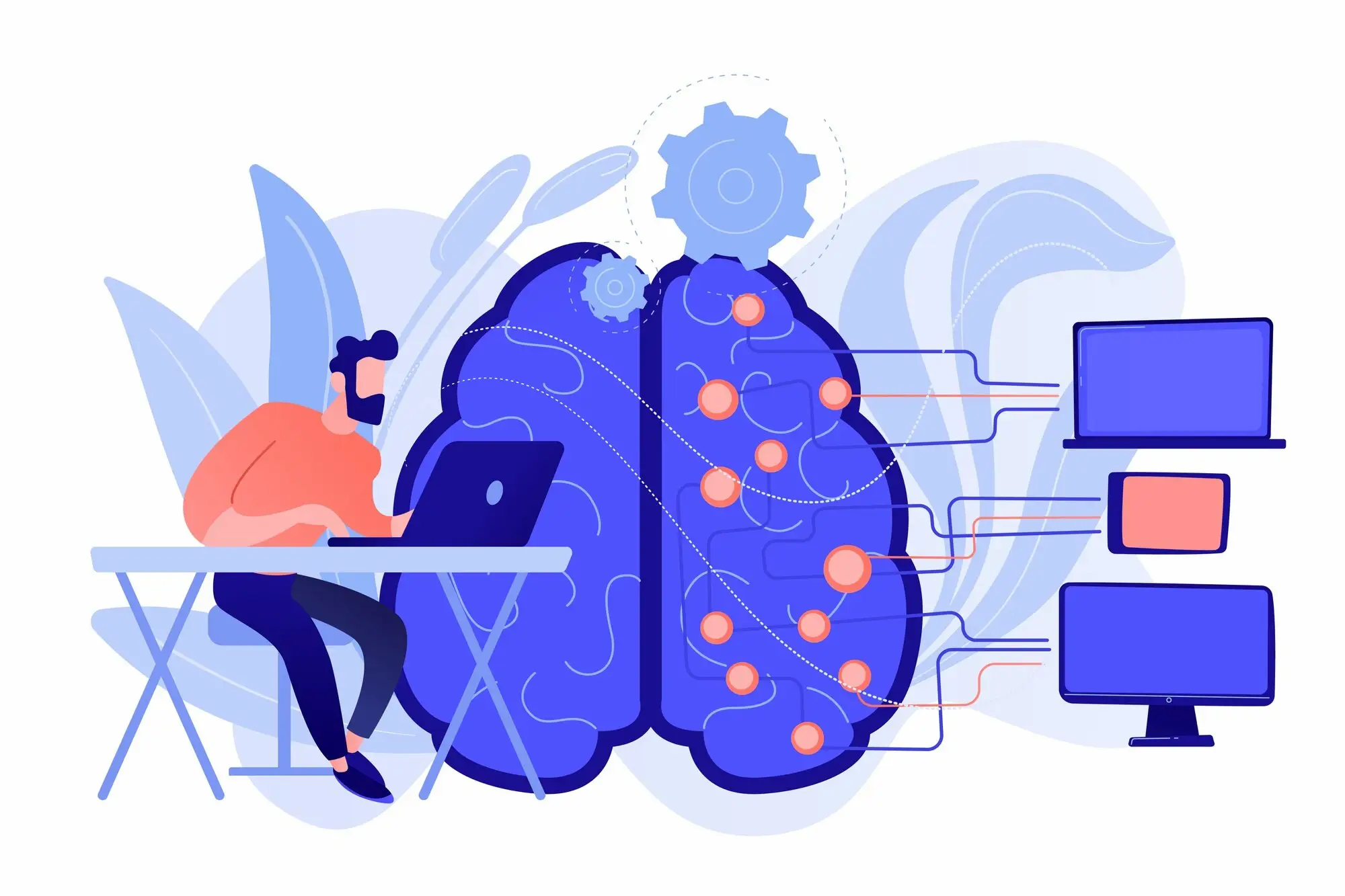 Illustration intelligence artificielle avec cerveau connect&eacute;, d&eacute;veloppeur sur ordinateur et flux de donn&eacute;es entre &eacute;crans