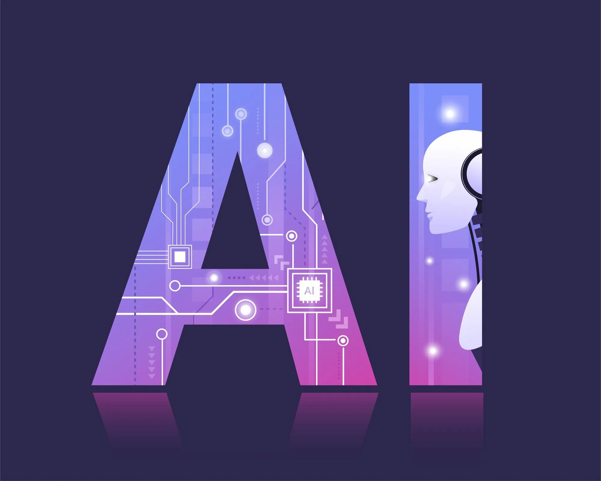 Illustration IA avec lettres AI stylis&eacute;es, circuits &eacute;lectroniques et profil de robot symbolisant l&rsquo;intelligence artificielle