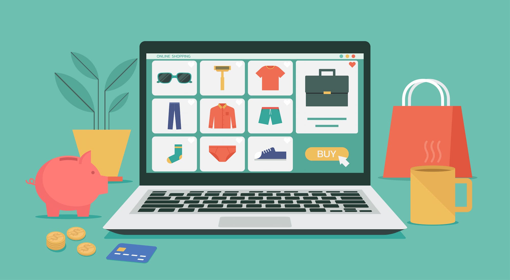 ILLUSTRATION DUN ORDINATEUR PORTABLE AFFICHANT UN SITE DACHAT EN LIGNE DE VETEMENTS AVEC DES ELEMENTS DE SHOPPING AUTOUR COMME UN COCHON TIRELIRE UNE CARTE BANCAIRE ET UN SAC | Cekome Illustration d'un ordinateur portable affichant un site d'achat en ligne de vêtements avec des éléments de shopping autour, comme un cochon tirelire, une carte bancaire et un sac.