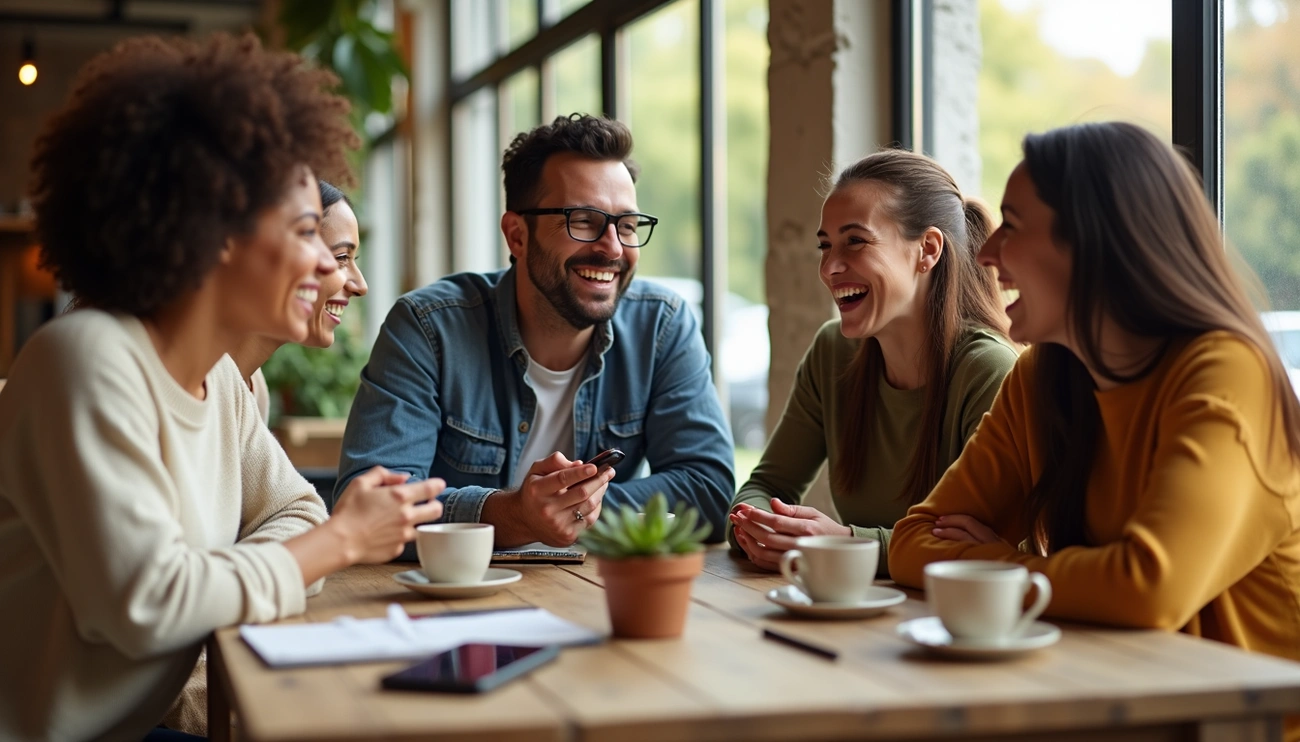 FOLLOWERS_VS_COMMUNAUTE | Cekome Groupe de collègues échangeant et riant autour d’un café dans un espace de coworking moderne