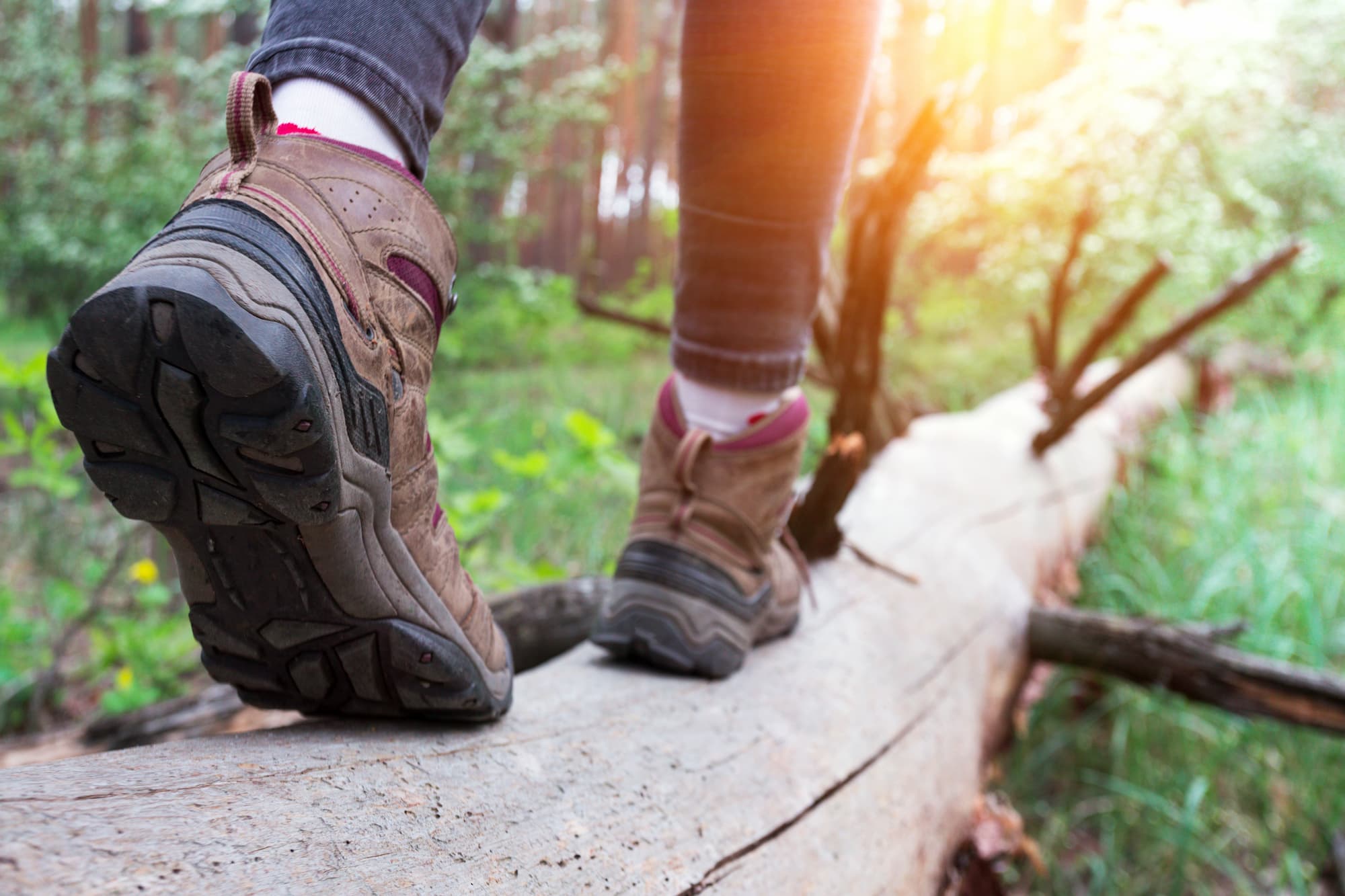 ADOBESTOCK_349794998 | Cekome Gros plan sur des chaussures de randonnée marchant sur un tronc d’arbre en forêt au coucher du soleil.