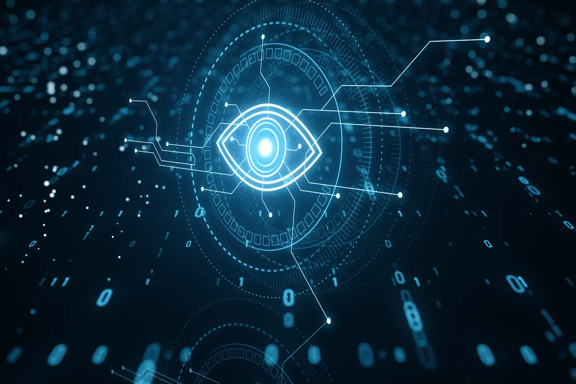 ADOBESTOCK_591774930 | Cekome Illustration de la cybersurveillance et de la protection des données avec symbole d’œil numérique au cœur d’un réseau informatique sécurisé