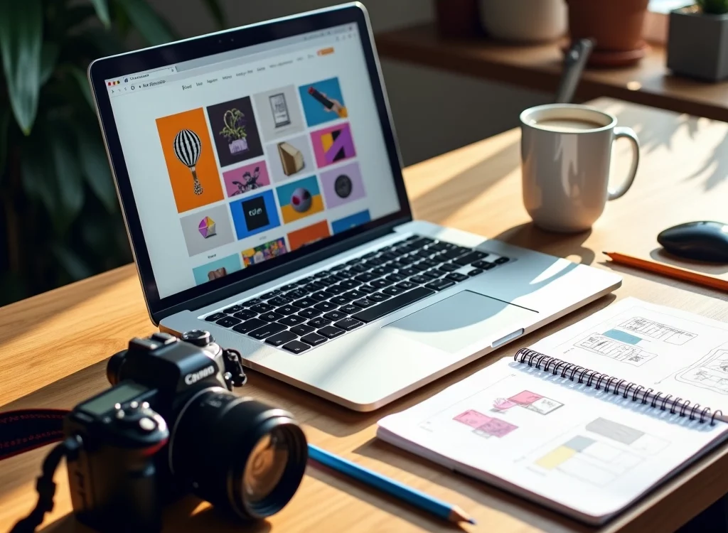 BEHANCE 1024X750 | Cekome Poste de travail dédié à la création de site web avec ordinateur portable affichant des maquettes graphiques, appareil photo et carnet de wireframes sur un bureau lumineux.