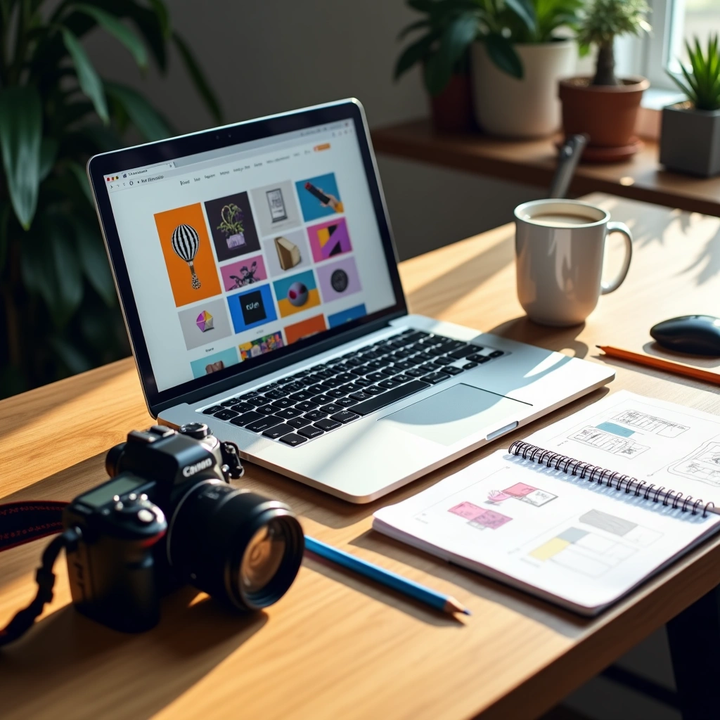 BEHANCE | Cekome Poste de travail dédié à la création de site web avec ordinateur portable affichant des maquettes graphiques, appareil photo et carnet de wireframes sur un bureau lumineux.