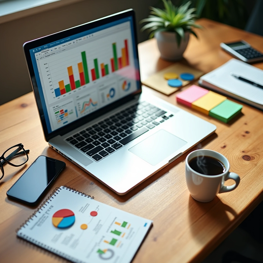 CANAUX ACQUISITION | Cekome Tableau de bord d’analyse web affiché sur un ordinateur portable avec graphiques de performance SEO et outils de travail sur un bureau moderne.