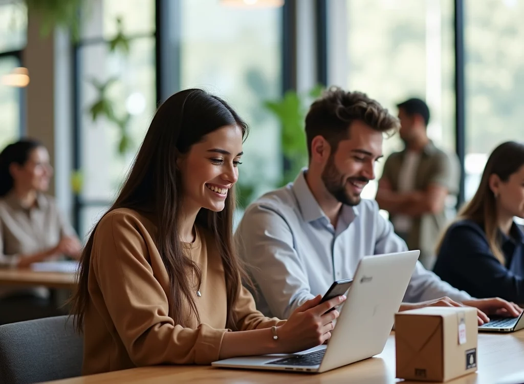 CONSOMMATEURS_EN_LIGNE 1024X750 | Cekome Collaborateurs travaillant sur ordinateur portable et smartphone dans un espace de coworking moderne et lumineux