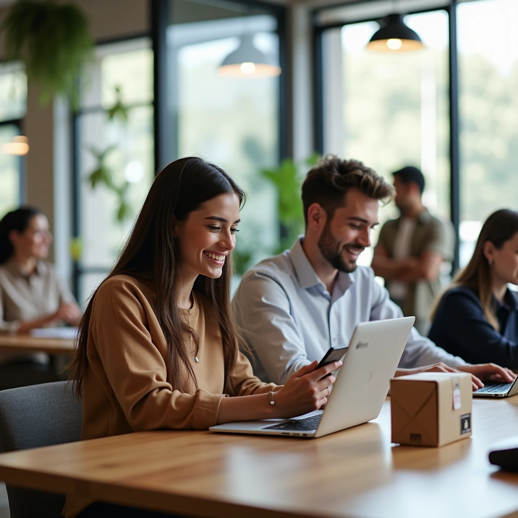 CONSOMMATEURS_EN_LIGNE | Cekome Collaborateurs travaillant sur ordinateur portable et smartphone dans un espace de coworking moderne et lumineux