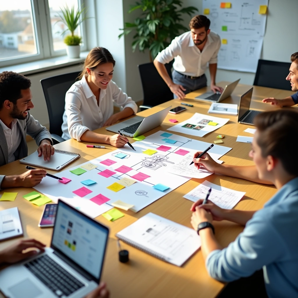 Atelier de design thinking r&eacute;unissant une &eacute;quipe autour d&rsquo;un projet avec post-it, sch&eacute;mas collaboratifs et ordinateurs portables