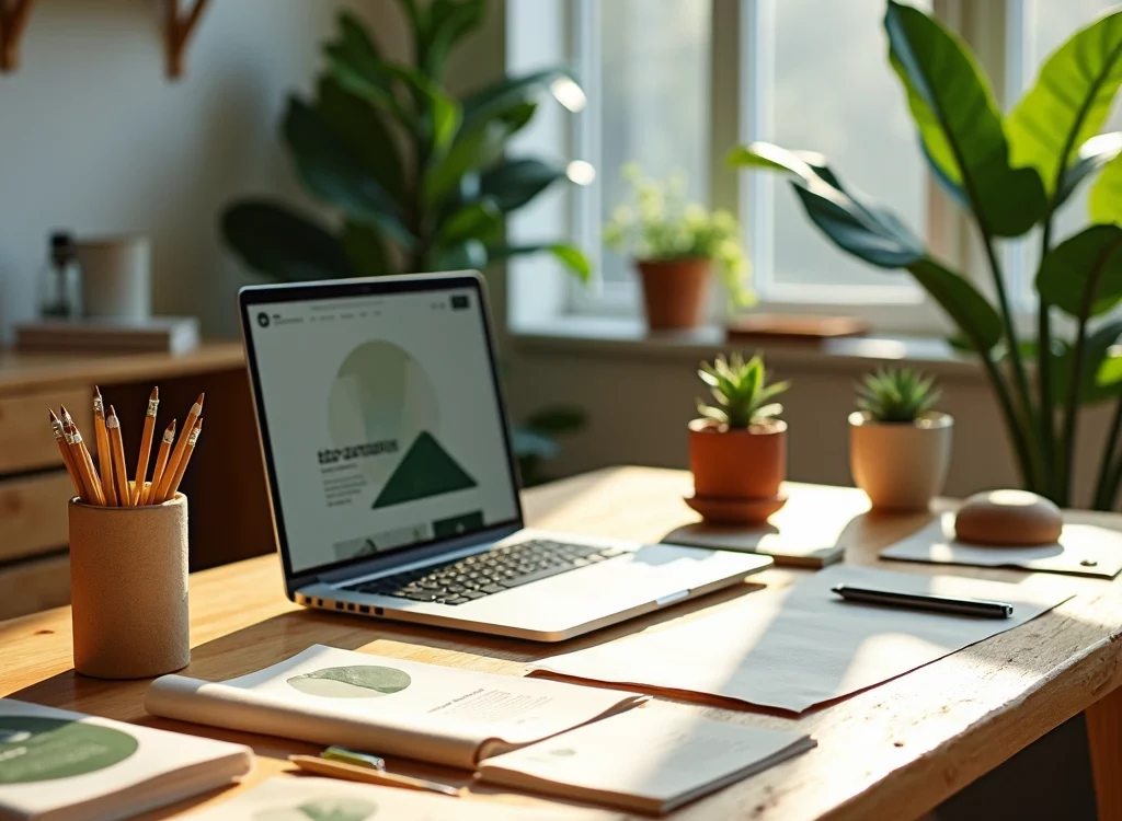 Espace de travail lumineux avec ordinateur portable, carnet, crayons et plantes vertes, illustrant un bureau moderne d&eacute;di&eacute; &agrave; la cr&eacute;ation de sites web et au r&eacute;f&eacute;rencement SEO.