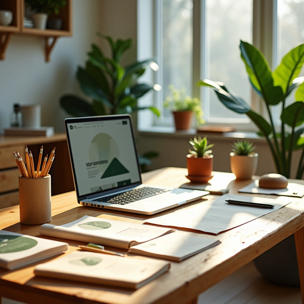 Espace de travail lumineux avec ordinateur portable, carnet, crayons et plantes vertes, illustrant un bureau moderne d&eacute;di&eacute; &agrave; la cr&eacute;ation de sites web et au r&eacute;f&eacute;rencement SEO.