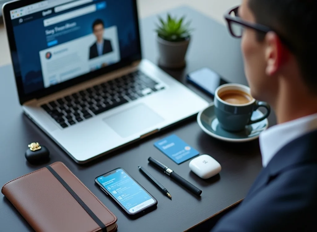 ESPIONNAGE_LINKEDIN 1024X750 | Cekome Professionnel consultant un profil LinkedIn sur ordinateur portable dans un espace de travail moderne avec smartphone et carnet