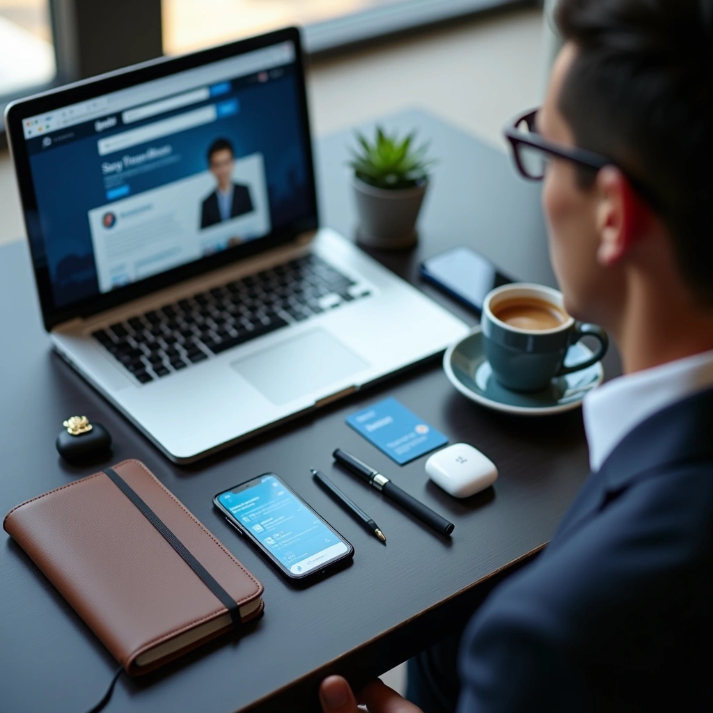 Professionnel consultant un profil LinkedIn sur ordinateur portable dans un espace de travail moderne avec smartphone et carnet