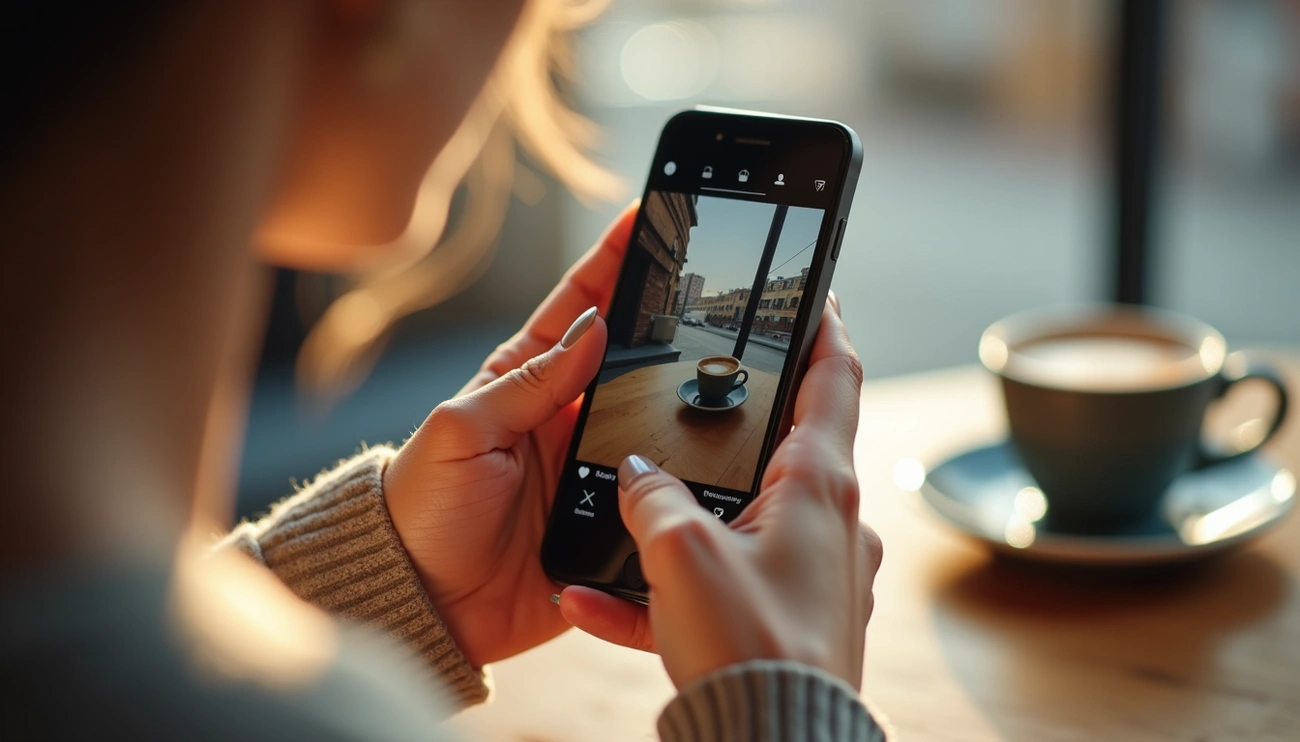 INSTAGRAM_INSTANTS | Cekome Femme photographiant une tasse de café avec son smartphone dans un café, publication de contenu sur les réseaux sociaux.