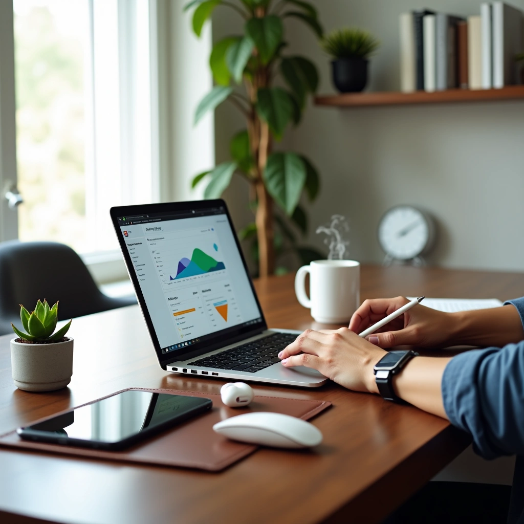 BUREAU | Cekome Personne travaillant sur un ordinateur portable avec tableau de bord analytique dans un espace de travail moderne