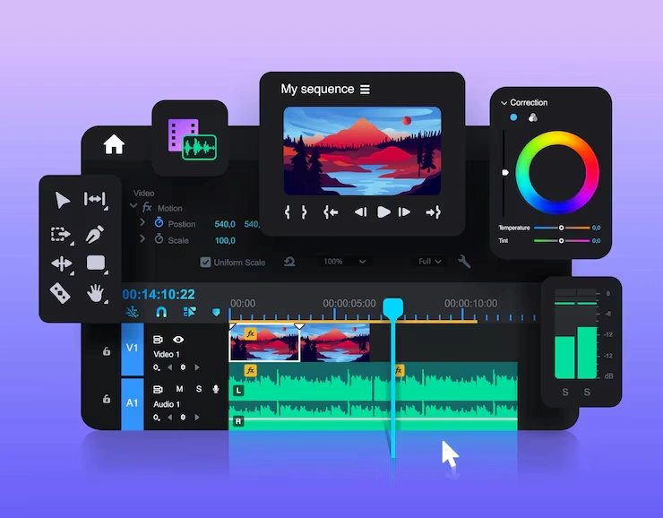 IMAGE | Cekome Interface de montage vidéo et édition multimédia avec timeline, outils audio et correction colorimétrique