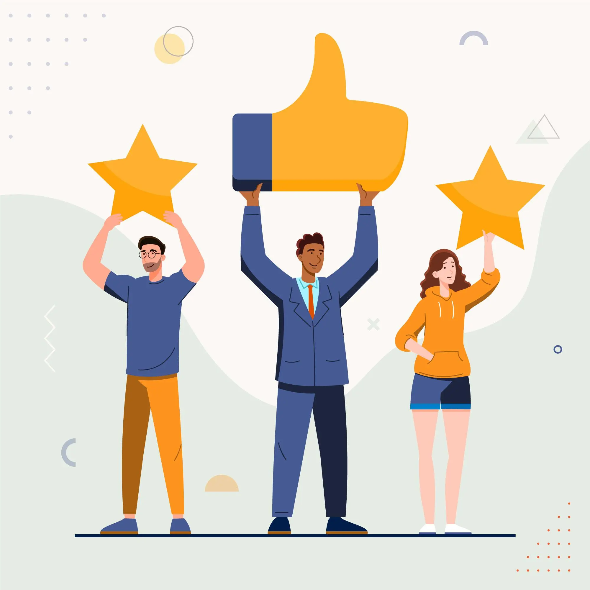 13862360_5374800 | Cekome illustration satisfaction client avec avis positifs étoiles et pouce levé pour stratégie de référencement web Cekome